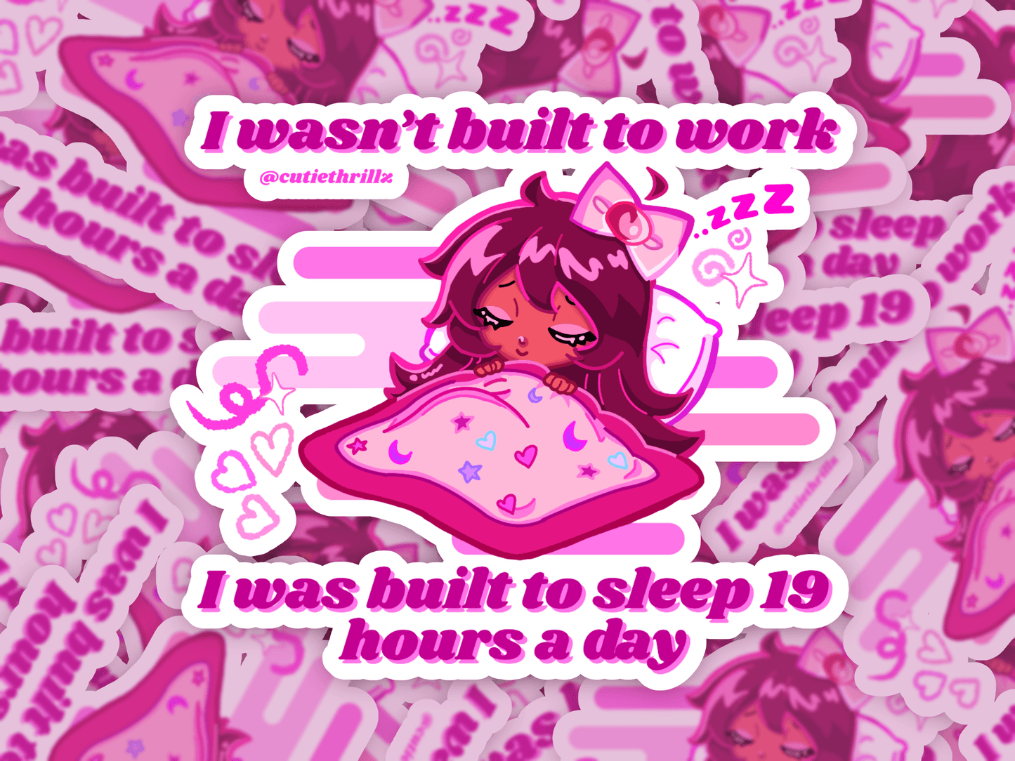 Waterproof Vinyl Decal Sticker - I Wasn't Built to Work featuring sleepy anime girl in pink bedding, ideal for decorating laptops and water bottles.