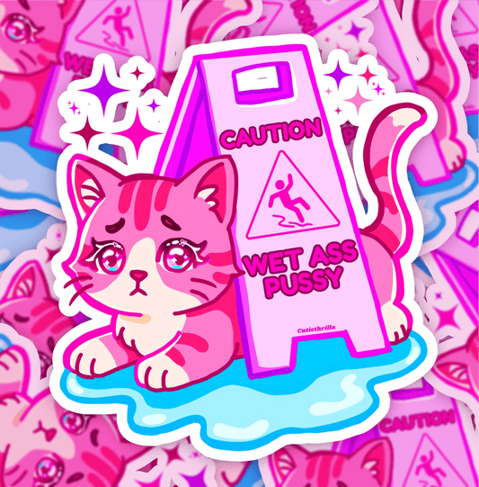 WAP sticker featuring a sad pink cat beside a 'Wet Ass Pussy' caution sign, waterproof vinyl design ideal for laptops and planners.