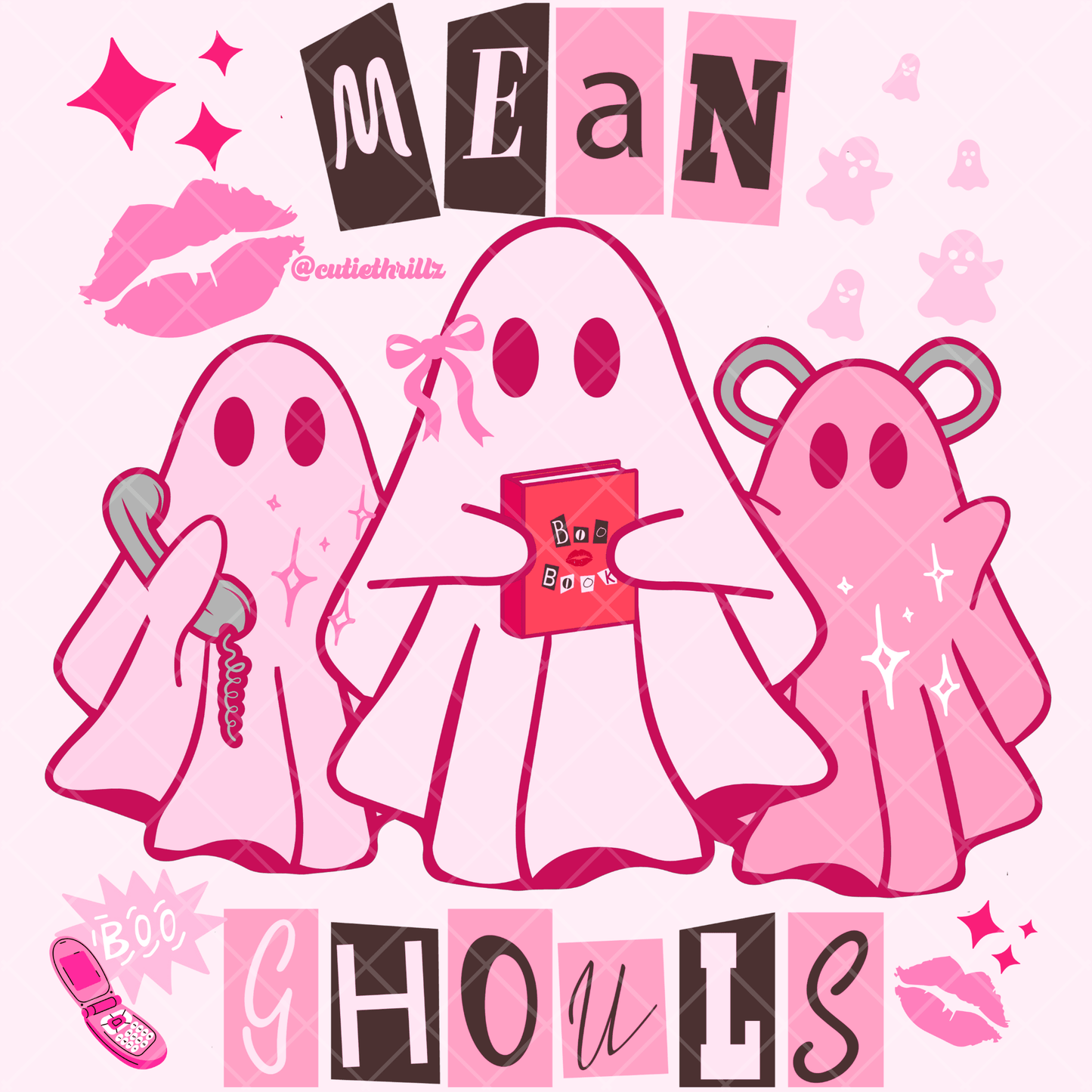 Illustration of Mean Girls Pink Ghost Sticker with three pink ghosts, retro icons, and bold text. Perfect for Halloween or Y2K aesthetic lovers.