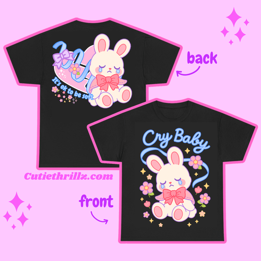 Black Kawaii Coquette T-shirt mockup with front 'Cry Baby' bunny graphic and back 'It's ok to be soft' design, perfect for alt and Y2K fashion.
