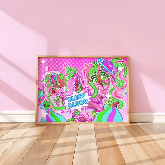 Cute Anime Art Print - Bleep Bloop Collection by CutieThrillz displayed on a pink wall with wooden flooring, ideal for vibrant teen room decor.
