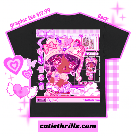 Black kawaii black girl t-shirt with vibrant anime-style design on back, featuring pink digital elements and character art. Trendy graphic tee for $19.99.