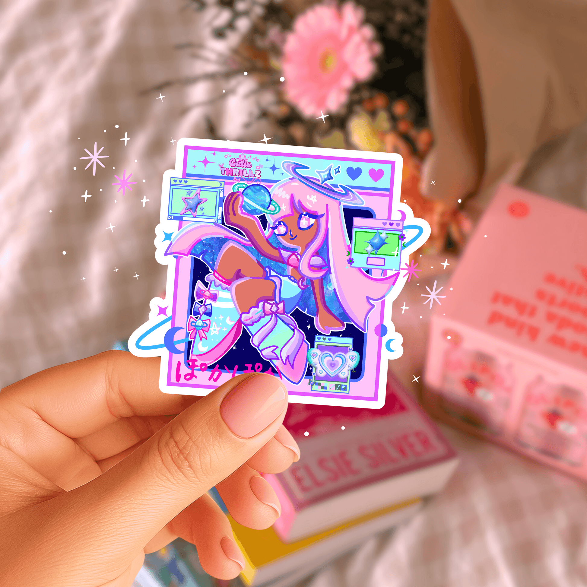 Kawaii Vinyl Sticker - Star Girl Aesthetic held by hand with pastel background, perfect for laptops, planners, and water bottles.