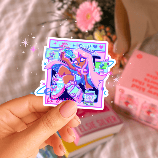 Kawaii Vinyl Sticker - Star Girl Aesthetic held by hand with pastel background, perfect for laptops, planners, and water bottles.