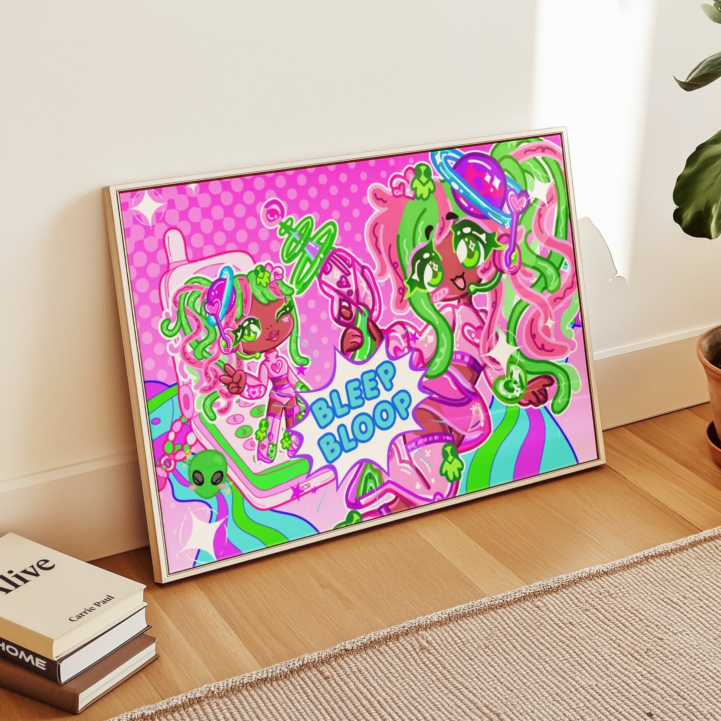 Framed Cute Anime Art Print - Bleep Bloop Collection by CutieThrillz leaning against a wall in a cozy home decor setting with natural light.