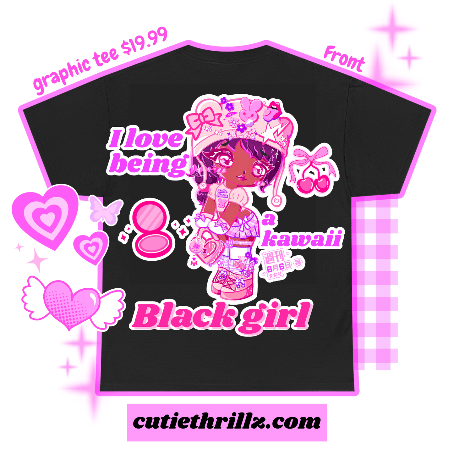 Front view of kawaii black girl t-shirt in black with pink anime character and text. Graphic tee priced at $19.99 from cutiethrillz.com.