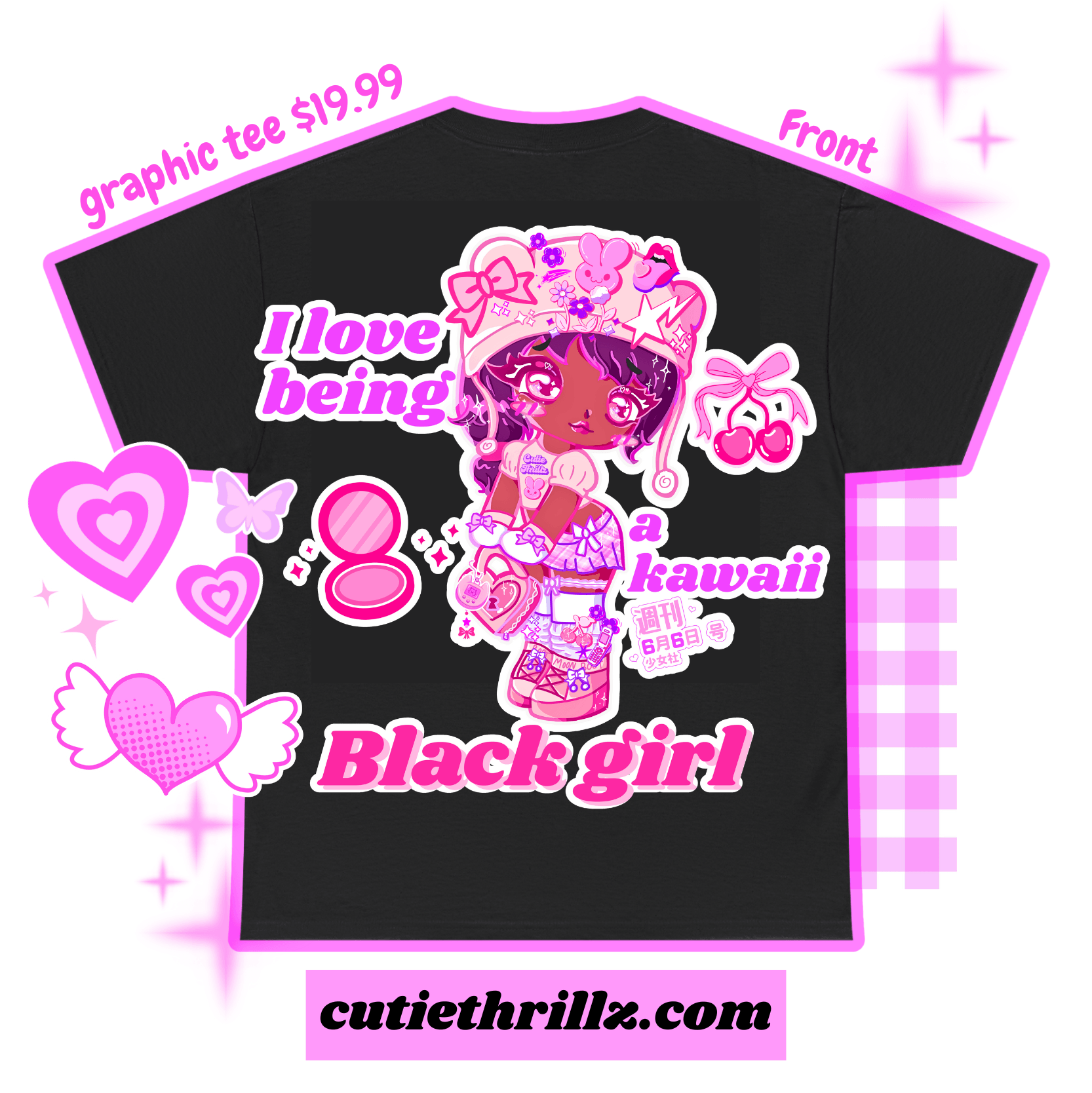 Front view of kawaii black girl t-shirt in black with pink anime character and text. Graphic tee priced at $19.99 from cutiethrillz.com.