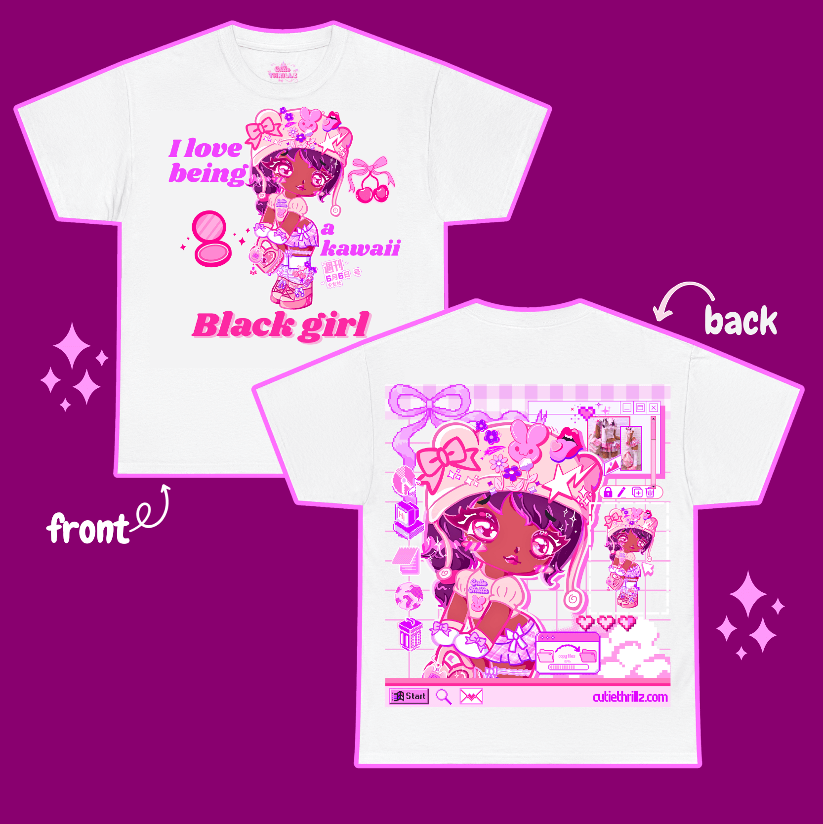 White kawaii black girl t-shirt with front and back anime-style graphics in pink and purple. Trendy clothing top with unique digital art design.