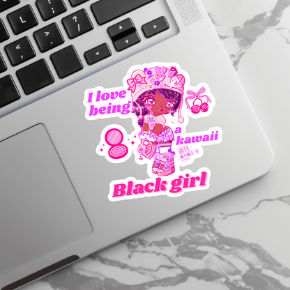 Kawaii Black Girl Sticker - Waterproof Vinyl Decor applied to a silver laptop, ideal for aesthetic laptop decoration and journaling supplies.