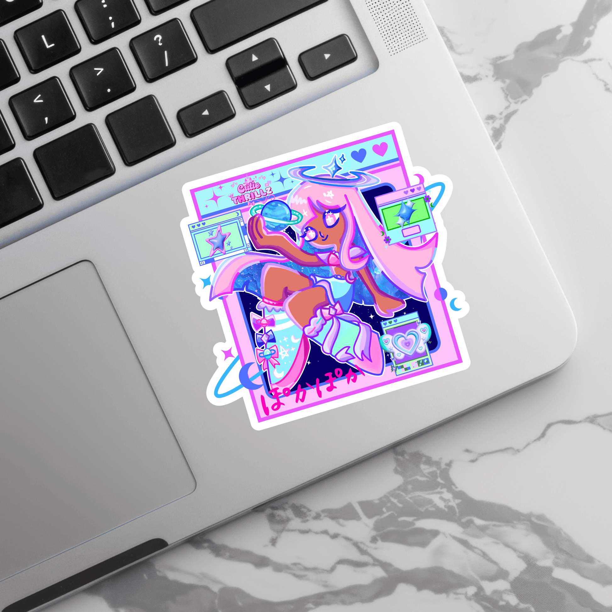 Kawaii Vinyl Sticker - Star Girl Aesthetic applied to silver laptop, showcasing waterproof and durable design for tech accessories.