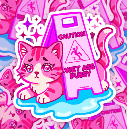 WAP sticker featuring a sad pink cat beside a 'Wet Ass Pussy' caution sign, waterproof vinyl design ideal for laptops and planners.