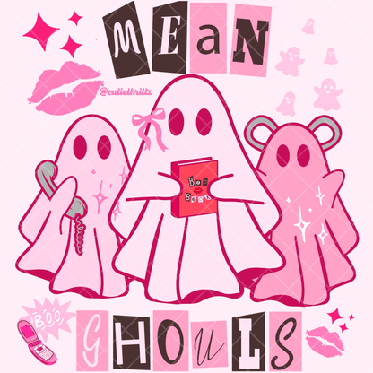 Illustration of Mean Girls Pink Ghost Sticker with three pink ghosts, retro icons, and bold text. Perfect for Halloween or Y2K aesthetic lovers.