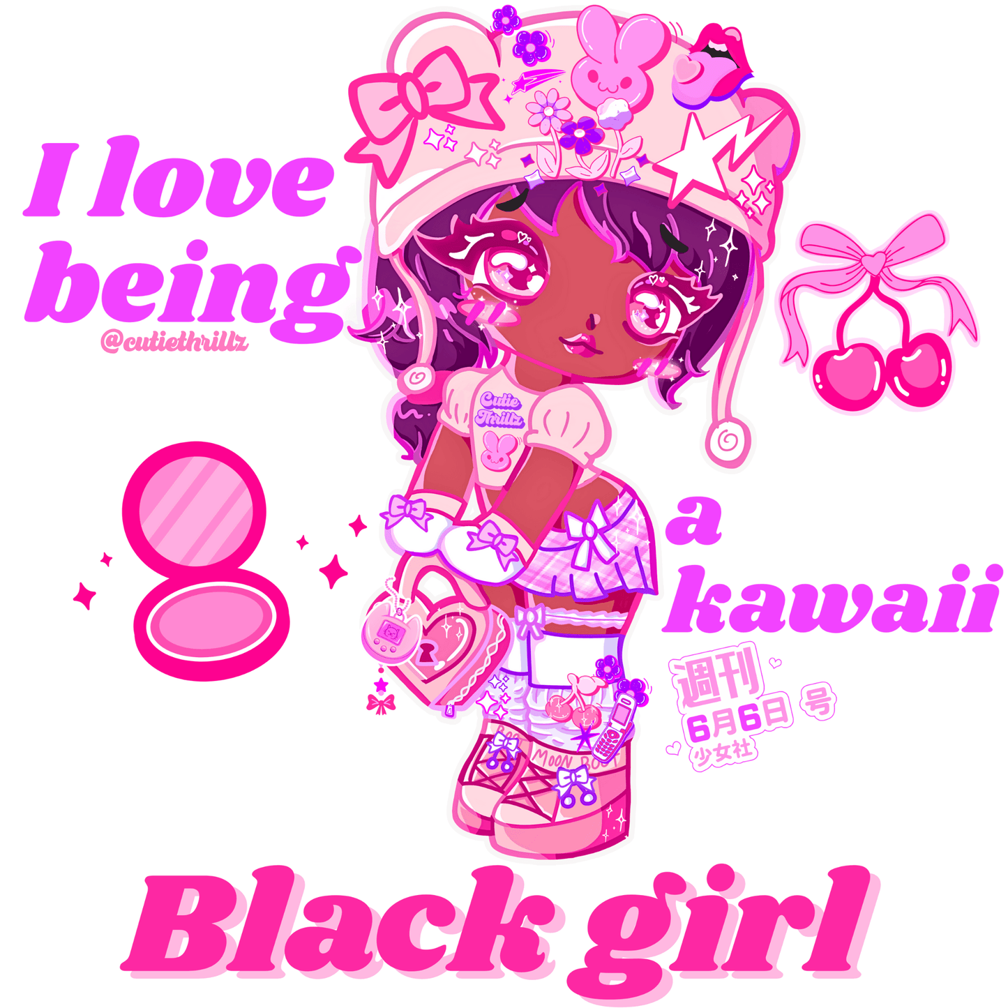 Kawaii Black Girl Sticker - Waterproof Vinyl Decor illustration with bold text and vibrant pink tones, ideal for laptop or water bottle decoration.