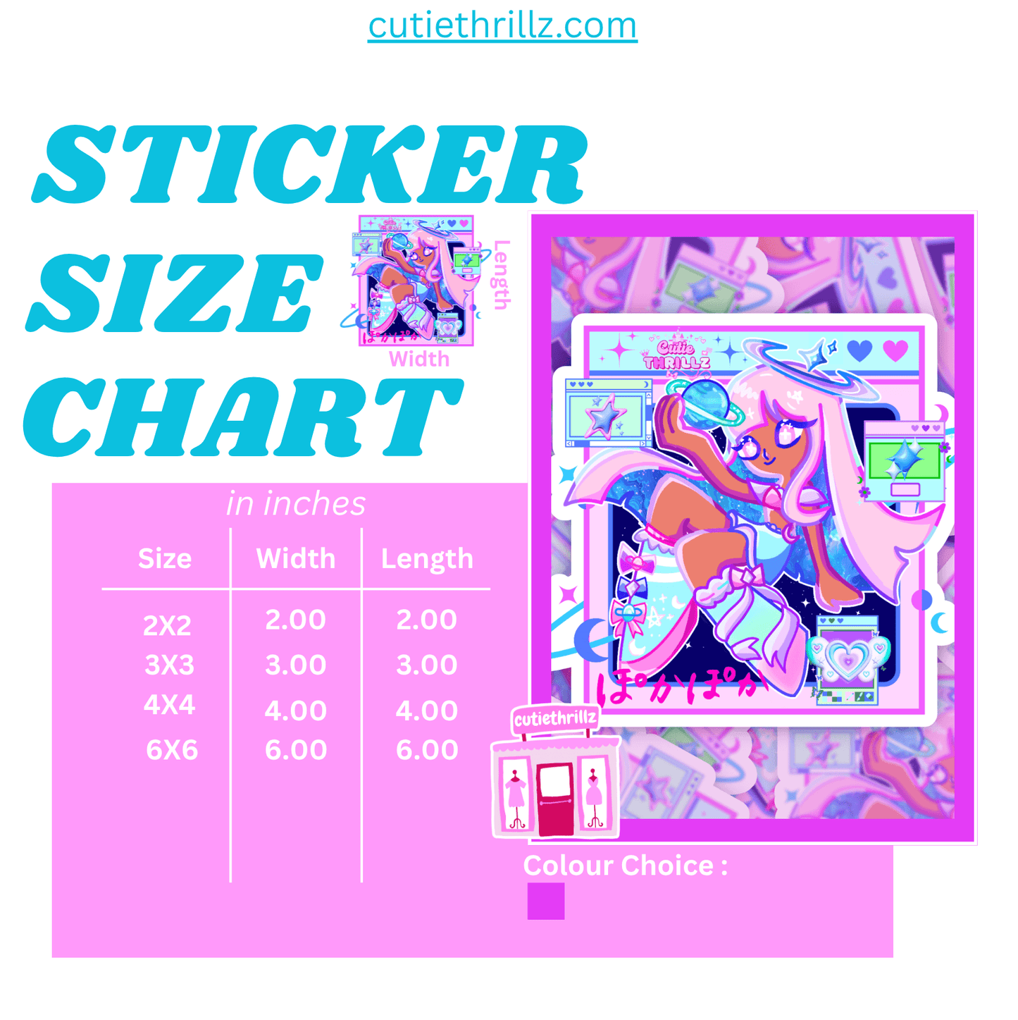 Sticker size chart for Kawaii Vinyl Sticker - Star Girl Aesthetic with dimensions from 2x2 to 6x6 inches and color preview.