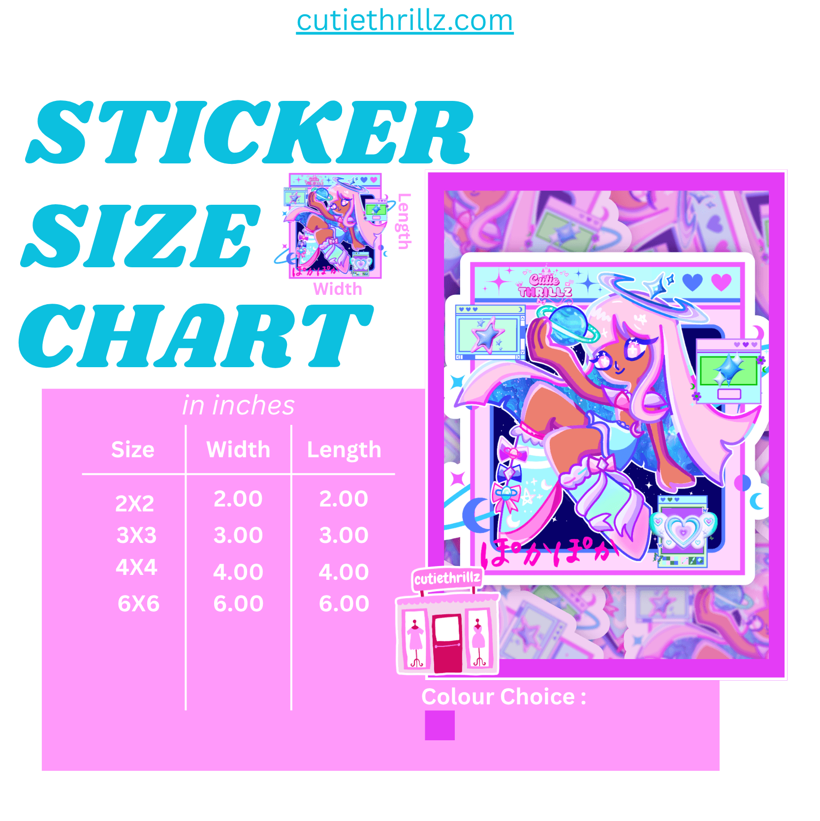 Sticker size chart for Kawaii Vinyl Sticker - Star Girl Aesthetic with dimensions from 2x2 to 6x6 inches and color preview.