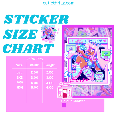 Sticker size chart for Kawaii Vinyl Sticker - Star Girl Aesthetic with dimensions from 2x2 to 6x6 inches and color preview.