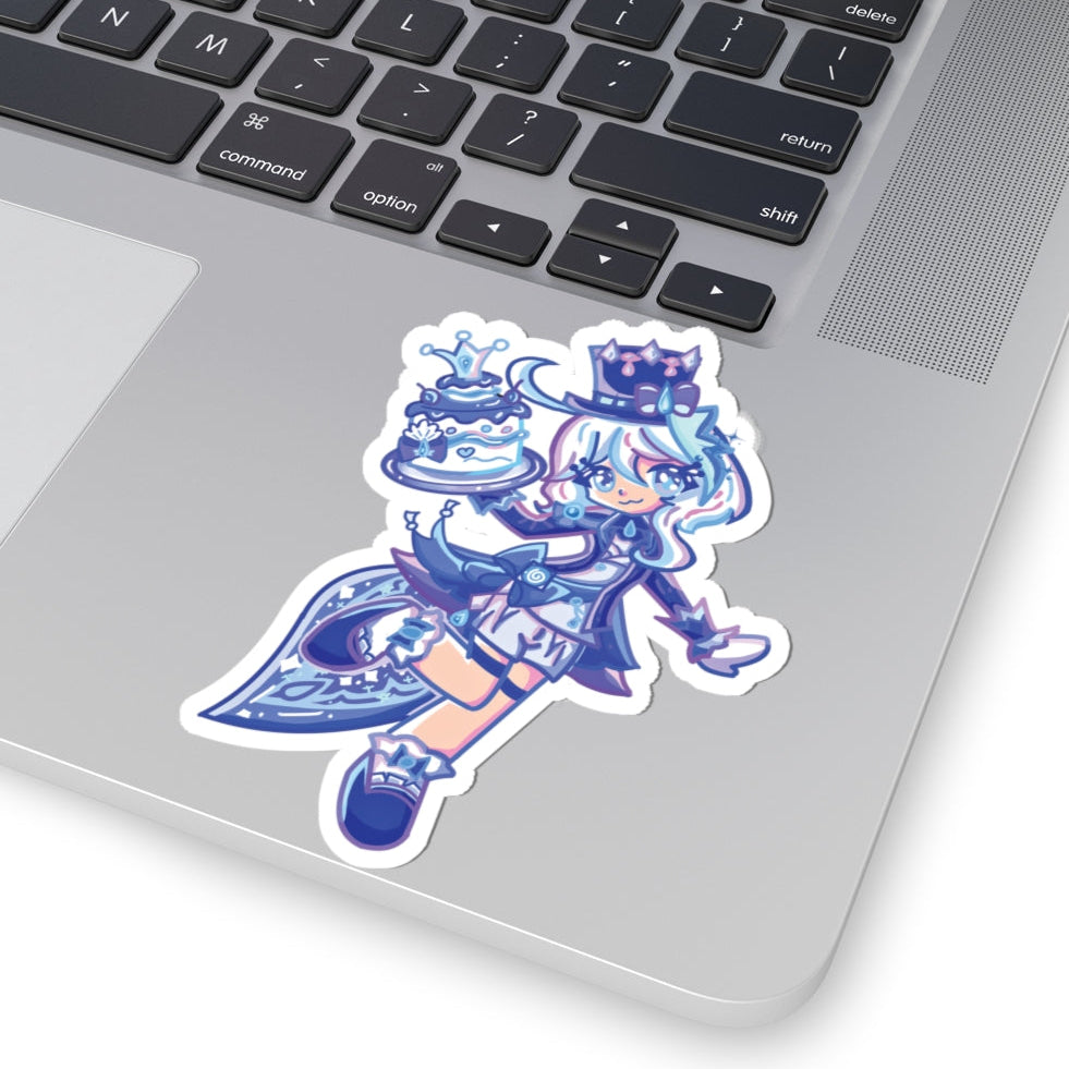 Furina Genshin Impact sticker applied on a laptop, perfect as a waterproof vinyl laptop sticker for anime fans and aesthetic decor lovers.