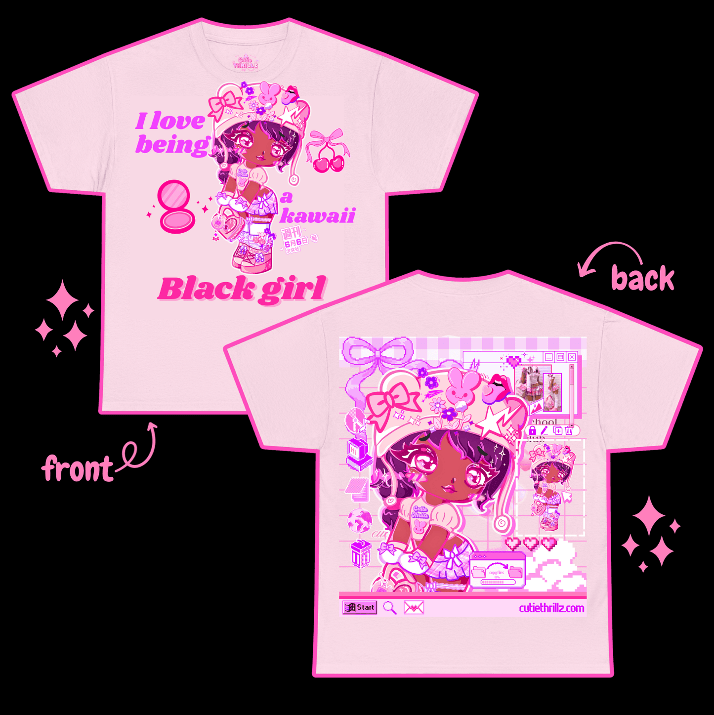 Pink kawaii black girl t-shirt showing front and back views with vibrant anime graphics. Stylish and colorful tee for fashion-forward youth.