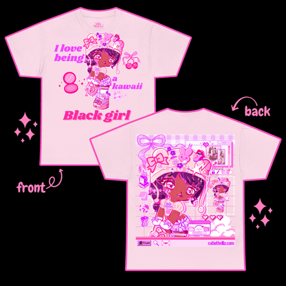 Pink kawaii black girl t-shirt showing front and back views with vibrant anime graphics. Stylish and colorful tee for fashion-forward youth.