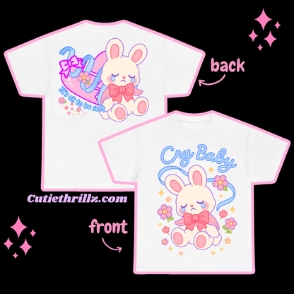Front and back design of white Kawaii Coquette T-shirt with crying bunny and pastel bows, showcasing soft girl and aesthetic streetwear appeal.