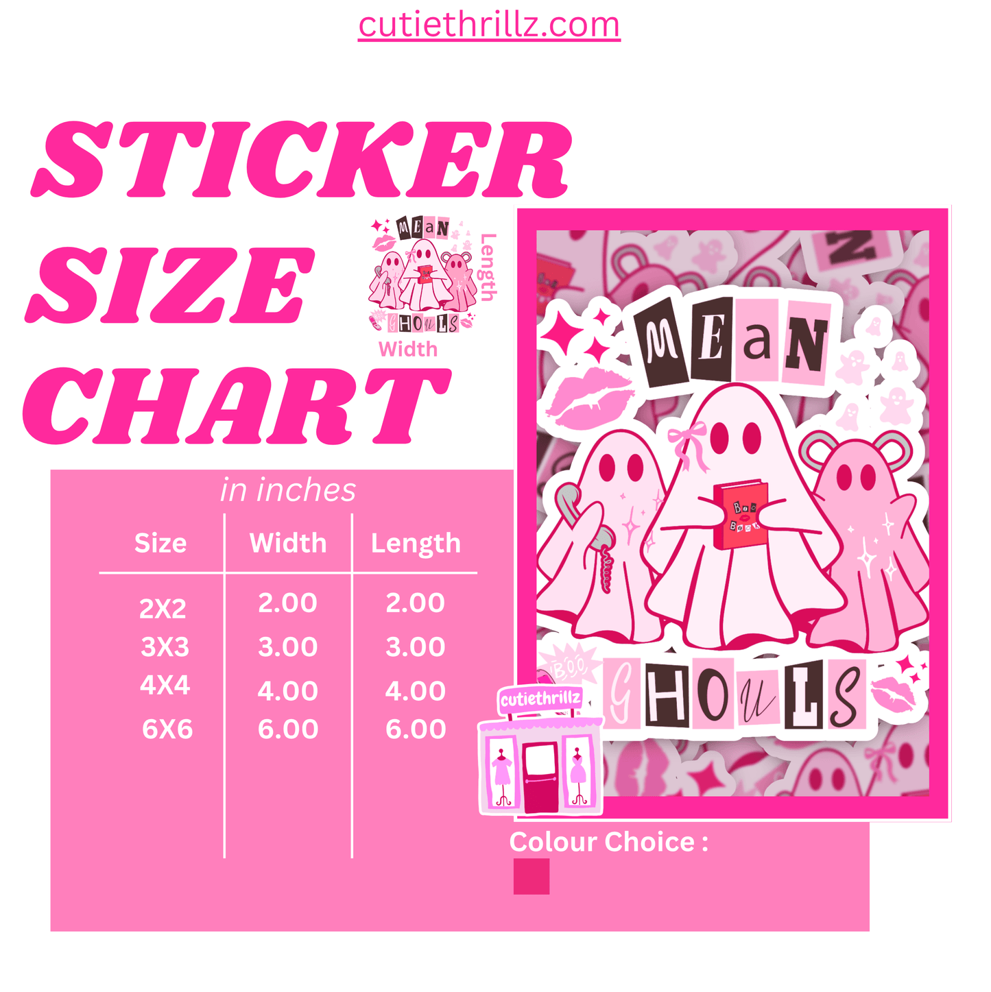 Sticker size chart for Mean Girls Pink Ghost Sticker by cutiethrillz.com, showing four size options in inches and color preview.
