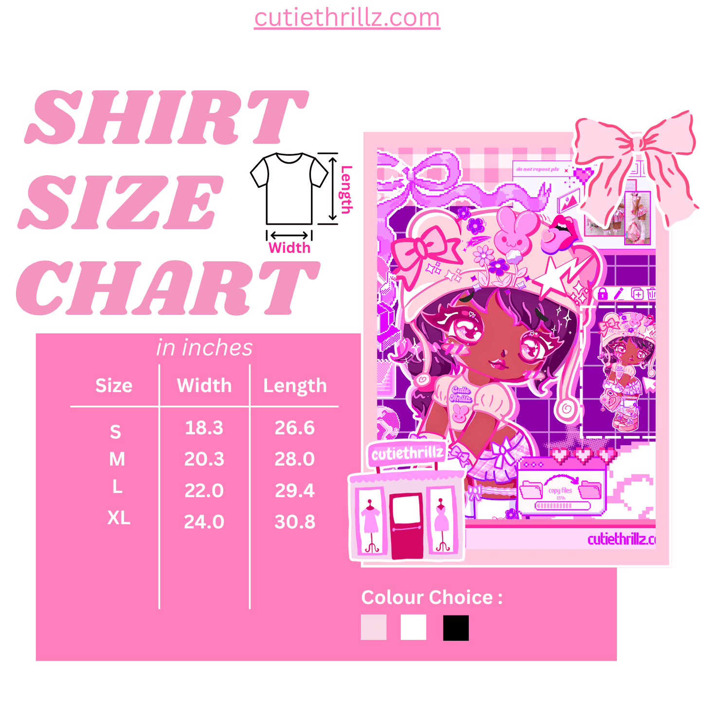 Shirt size chart for kawaii black girl t-shirt with width and length in inches. Available in black, white, and pink color options.