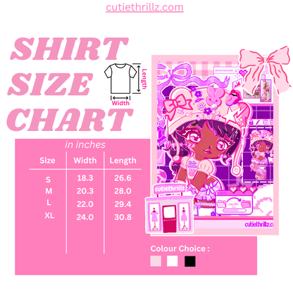 Shirt size chart for kawaii black girl t-shirt with width and length in inches. Available in black, white, and pink color options.