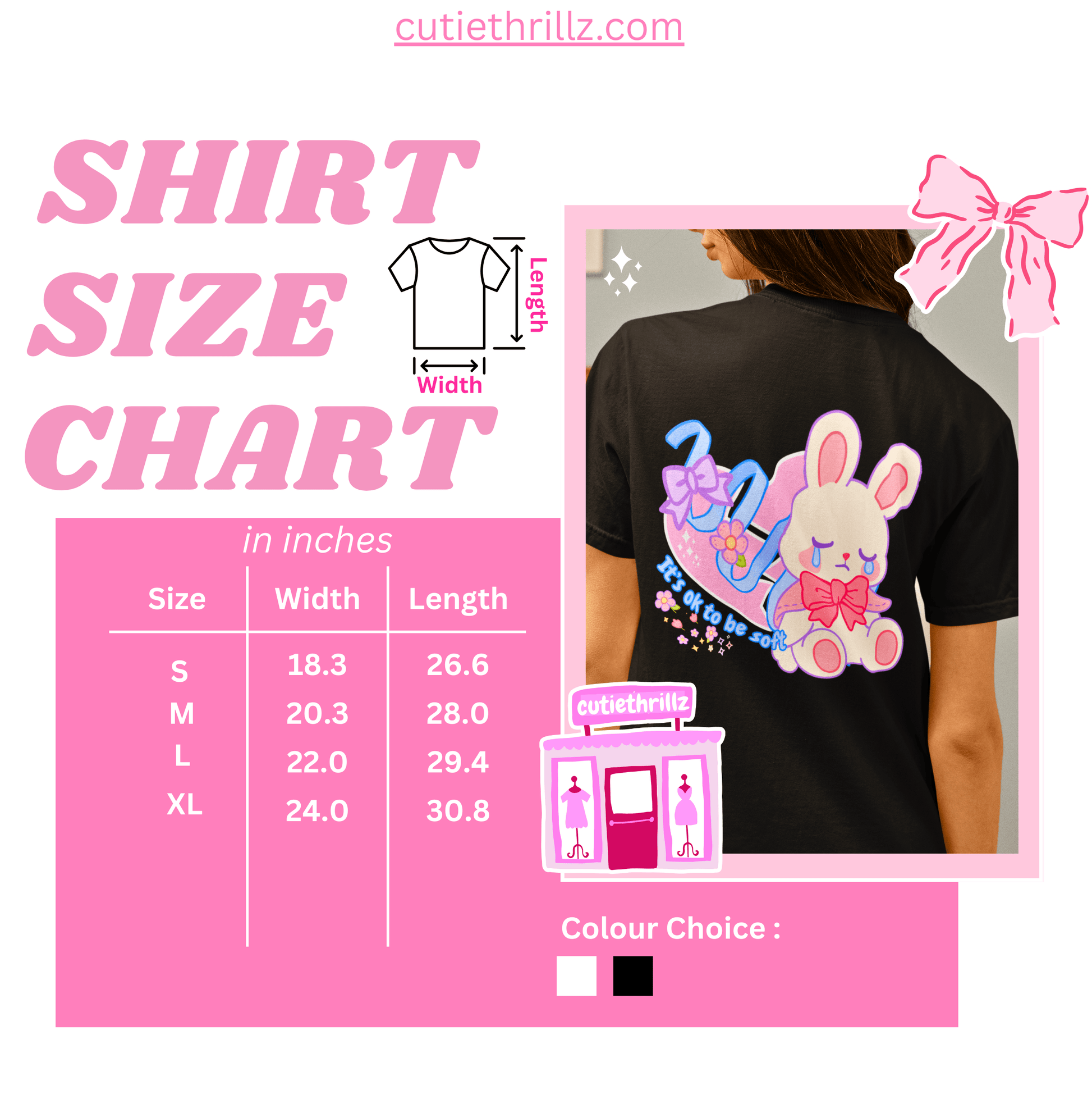 Kawaii Coquette T-shirt size chart in inches for S to XL, showing width and length measurements with black shirt graphic for accurate fit selection.