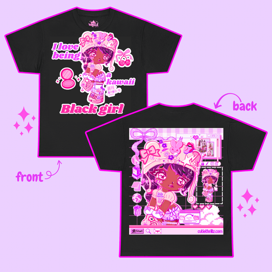 Front and back view of kawaii black girl t-shirt in black, showcasing bold pink anime graphics and cute text. Unique fashion top for stylish teens.