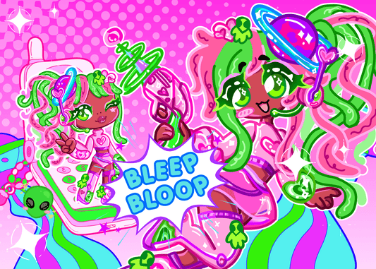 Close-up of Cute Anime Art Print - Bleep Bloop Collection by CutieThrillz featuring colorful characters, perfect for anime and kawaii wall art lovers.