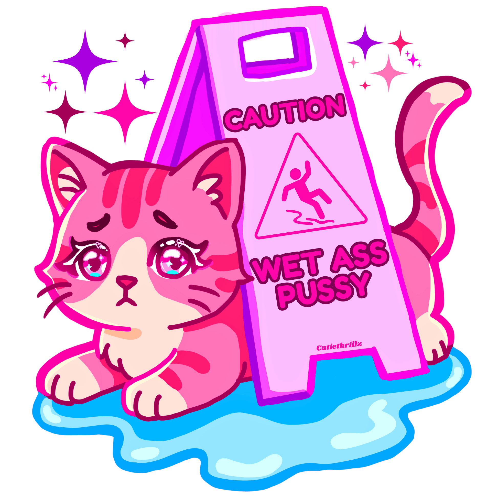 High-resolution illustration of waterproof WAP sticker with sad pink cat and caution sign, ideal for aesthetic and anime-themed crafts.