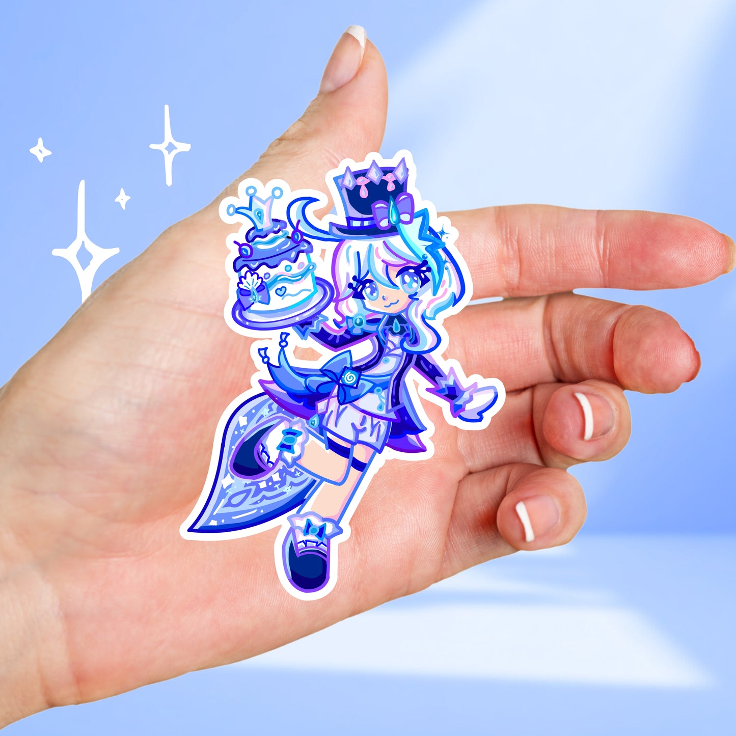 Kawaii-style Furina Genshin Impact sticker held in hand, showcasing vibrant blue and purple hues with a cake design. Ideal for journaling or decorating.