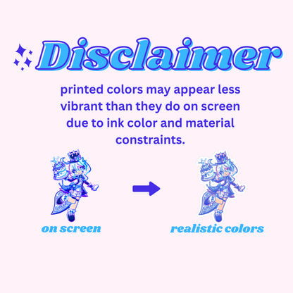 Color disclaimer showing difference between on-screen and printed colors for the Furina Genshin Impact sticker due to material and ink limitations.