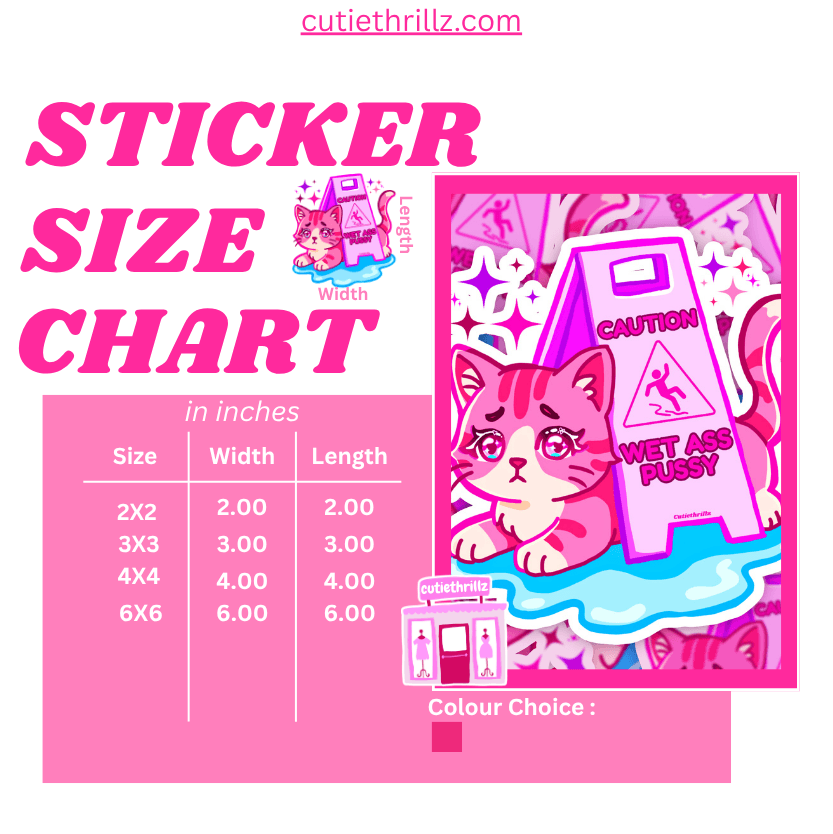 Sticker size chart for waterproof pink cat WAP sticker, available in multiple dimensions from 2x2 to 6x6 inches for versatile use.