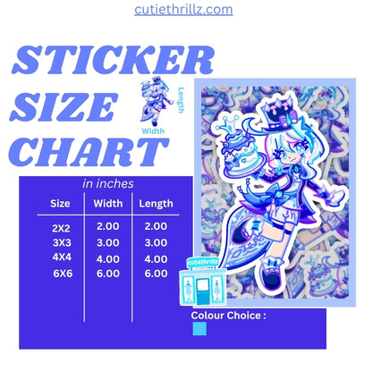 Sticker size chart for Furina Genshin Impact sticker with dimensions from 2x2 to 6x6 inches, available in multiple color options for customization.