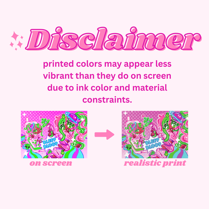 Disclaimer for Cute Anime Art Print - Bleep Bloop by CutieThrillz noting color differences between screen and printed versions due to material limitations.