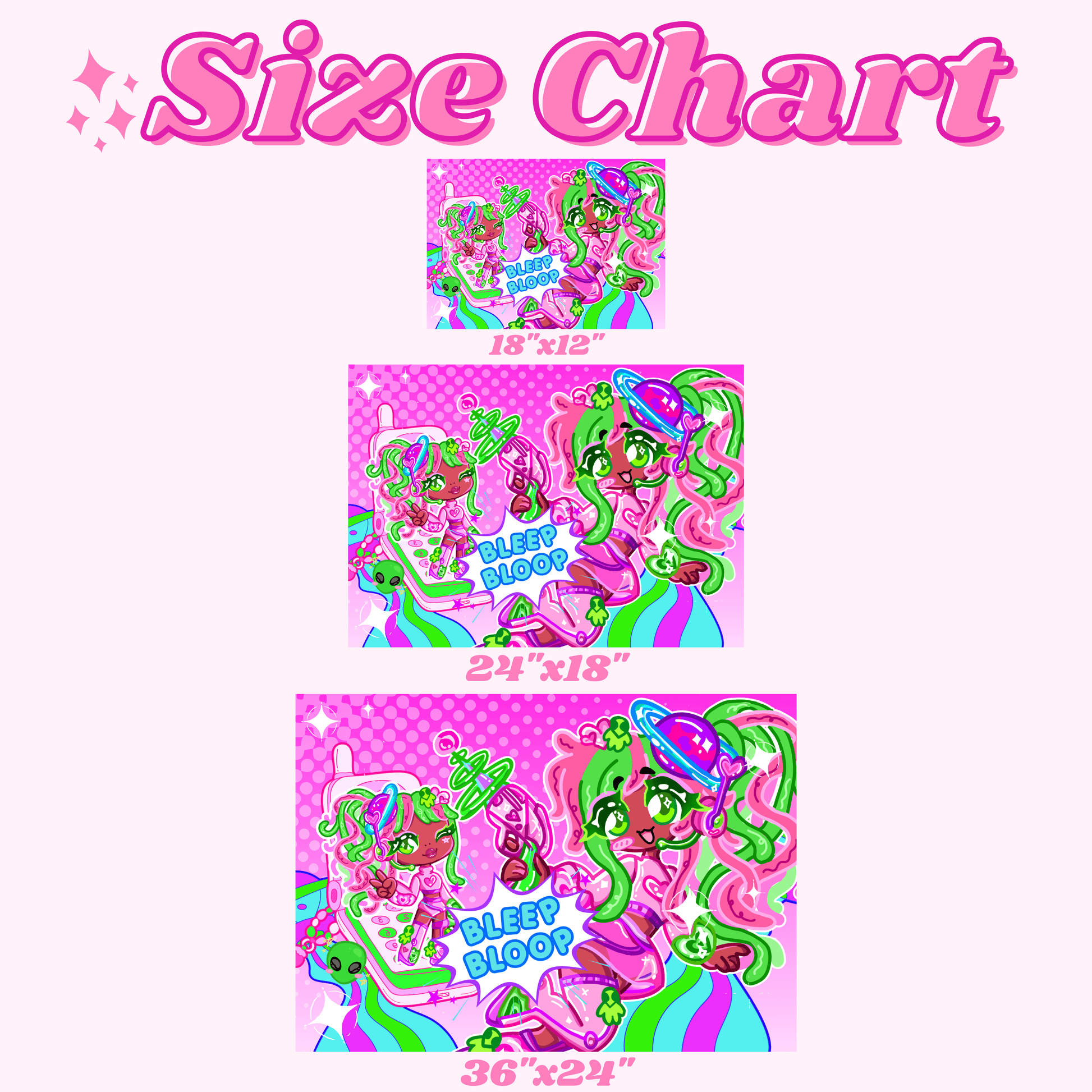 Size chart for Cute Anime Art Print - Bleep Bloop Collection by CutieThrillz showing available dimensions: 18x12, 24x18, and 36x24 inches.