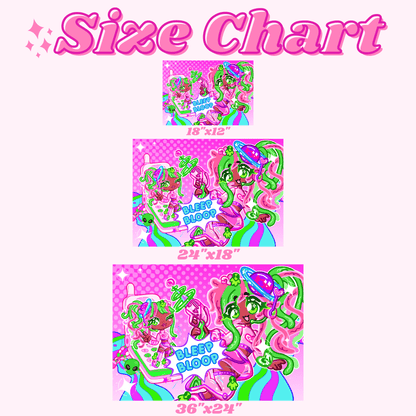 Size chart for Cute Anime Art Print - Bleep Bloop Collection by CutieThrillz showing available dimensions: 18x12, 24x18, and 36x24 inches.