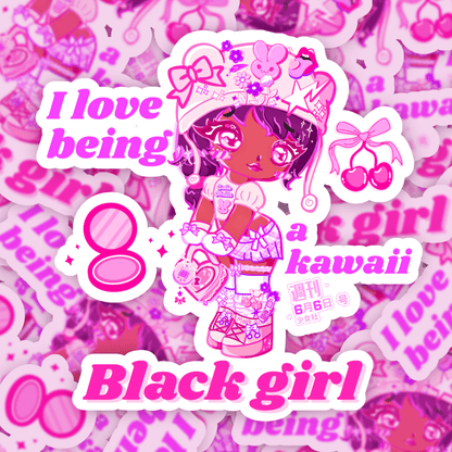 Kawaii Black Girl Sticker - Waterproof Vinyl Decor featuring a cute anime-style Black girl with pink accessories and bold text on a sticker pile.