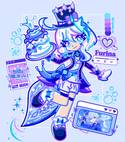 Illustration of Furina Genshin Impact character holding a cake, surrounded by branding elements and color palette, ideal for anime sticker collectors.