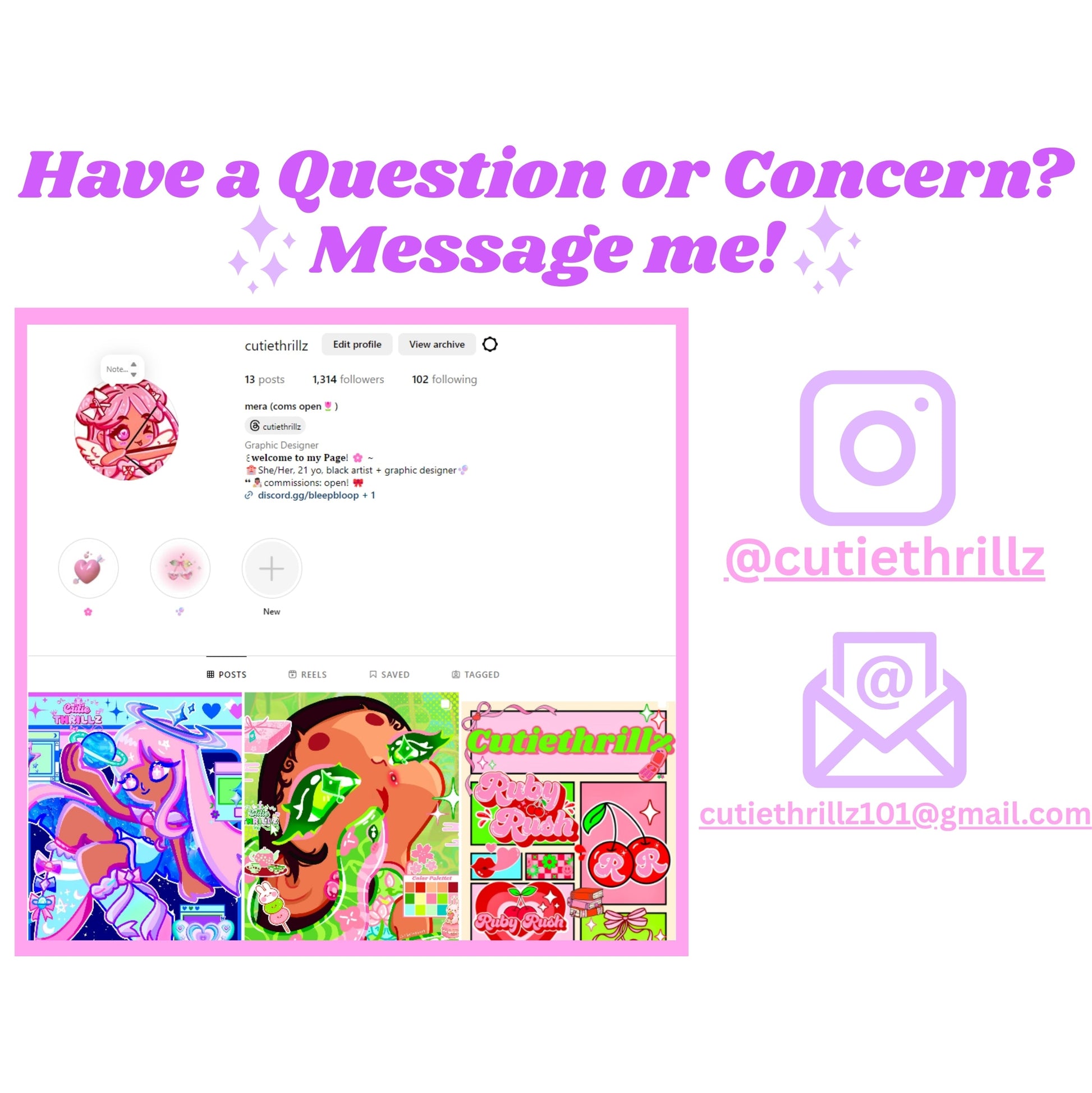 Contact info graphic for cutiethrillz with Instagram and email details, inviting customers to reach out with questions about the Furina Genshin Impact sticker.