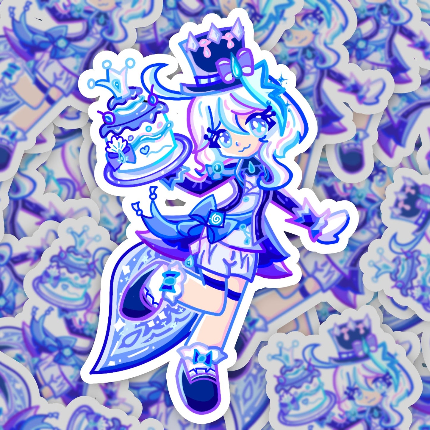 Close-up of multiple Furina Genshin Impact stickers stacked together, emphasizing its vibrant colors and cute anime design for planners or gifts.