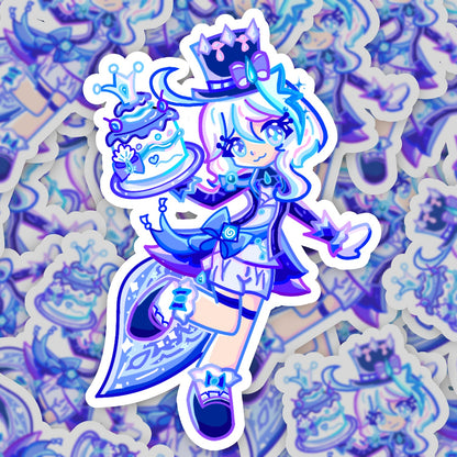 Close-up of multiple Furina Genshin Impact stickers stacked together, emphasizing its vibrant colors and cute anime design for planners or gifts.