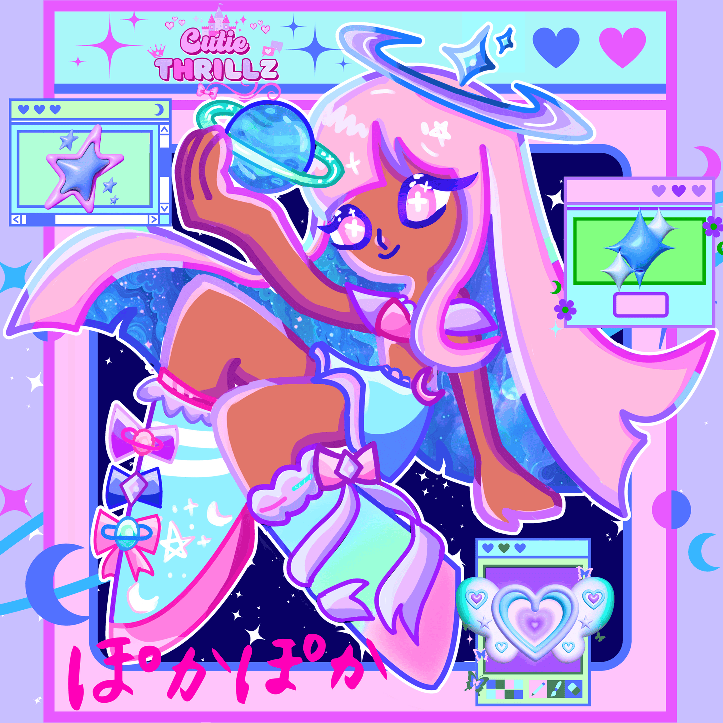 Close-up illustration of Kawaii Vinyl Sticker - Star Girl Aesthetic featuring pastel anime-style girl with cosmic and digital elements.