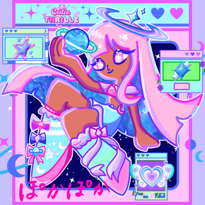 Close-up illustration of Kawaii Vinyl Sticker - Star Girl Aesthetic featuring pastel anime-style girl with cosmic and digital elements.