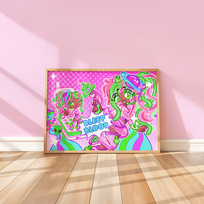 Cute Anime Art Print - Bleep Bloop Collection by CutieThrillz displayed on a pink wall with wooden flooring, ideal for vibrant teen room decor.