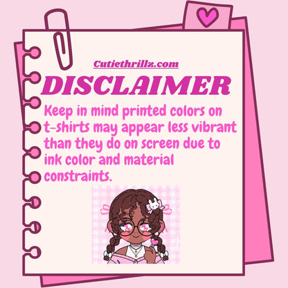 Disclaimer for kawaii black girl t-shirt noting color variation due to screen and material differences. Printed colors may appear less vibrant.